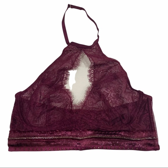NWT Victorias Secret High Neck Large Sexy Lace Bralette Maroon Velvet Halter - Picture 4 of 5
